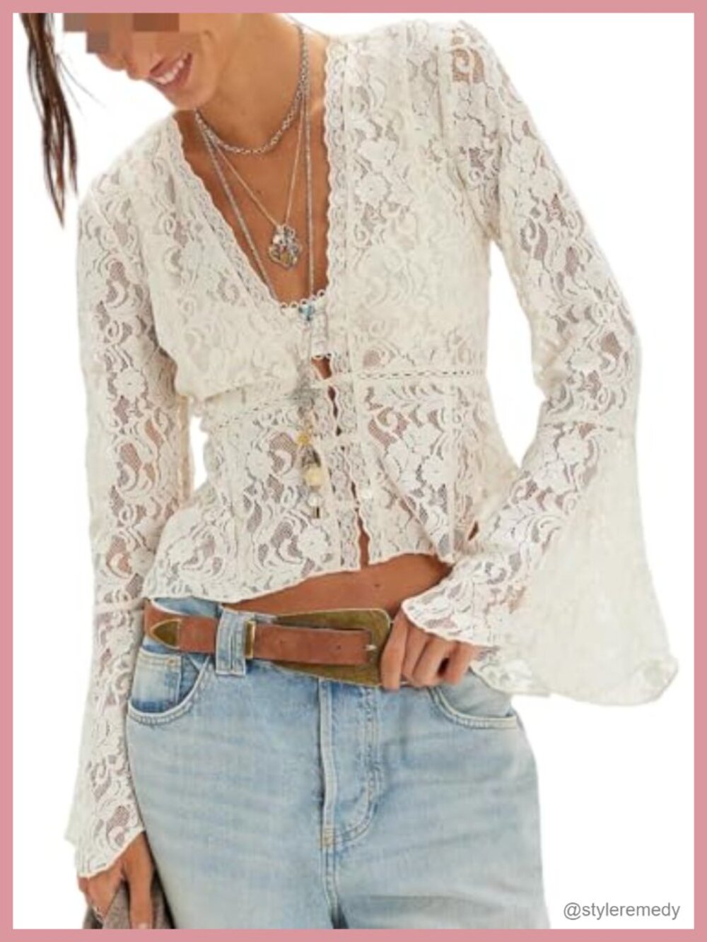 Women Lace See Through Blouse Sheer Bell Sleeve Ruffle Poncho Top